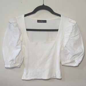 On Twelfth White Puff Sleeve Blouse Cropped Scoop Neck Ribbed Women's Size M